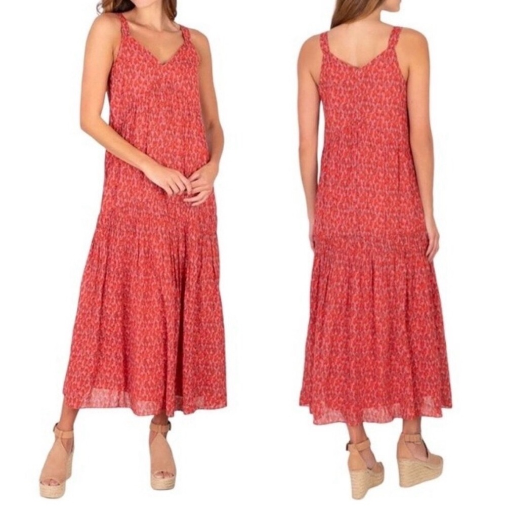 Joie Tea Rose Red Pink Printed Tiered Maxi Dress Size Medium Sleeveless Summer
